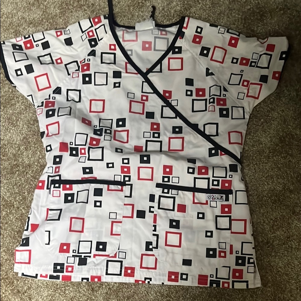 UA Scrubs White and Red Wrap Graphic Blouse